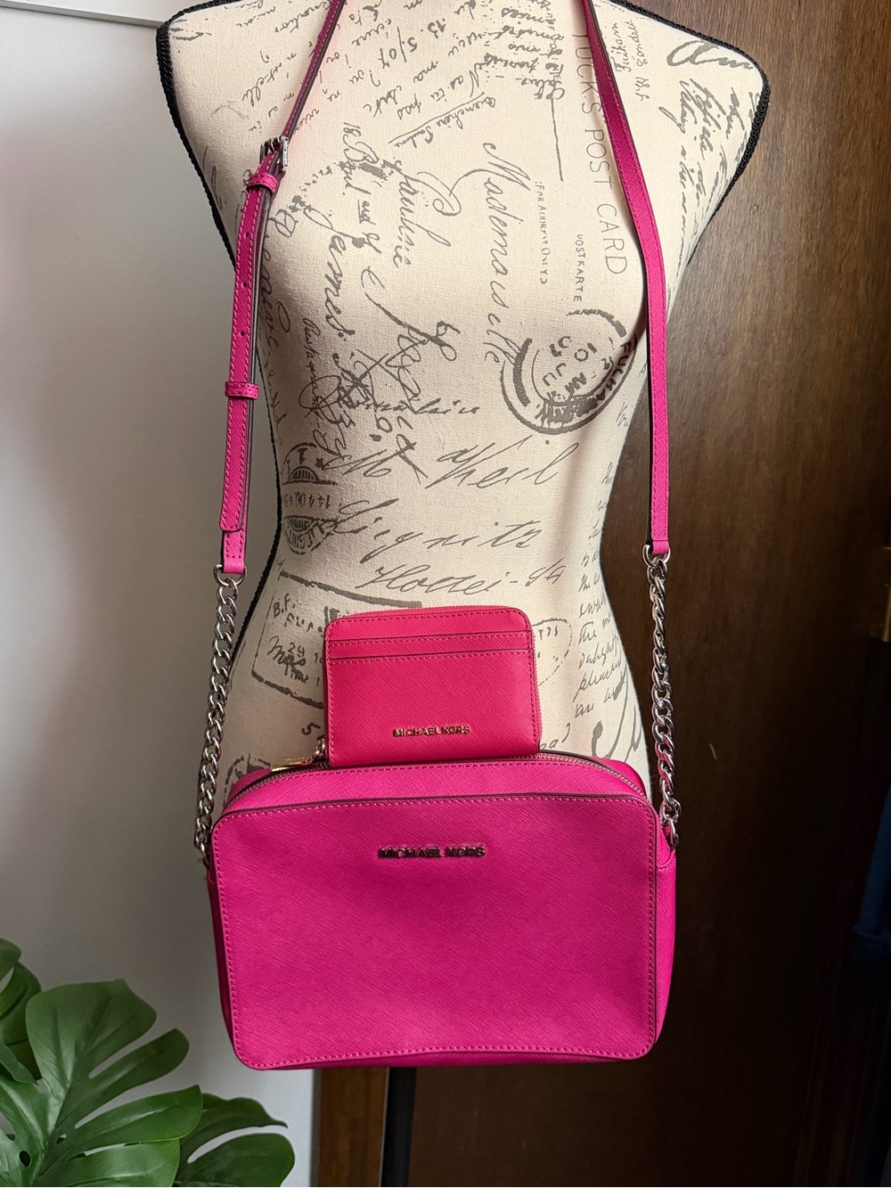 Michael Kors Hot Pink Saffiano Crossbody Camera Bag with Card Case